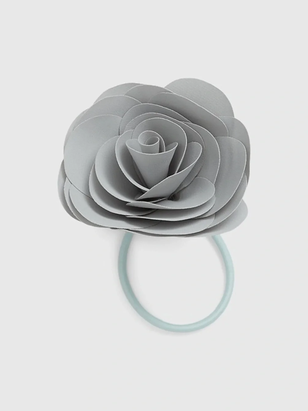 LoveShackFancy Gray Floral Rose Hair Tie with Pale Blue Elastic